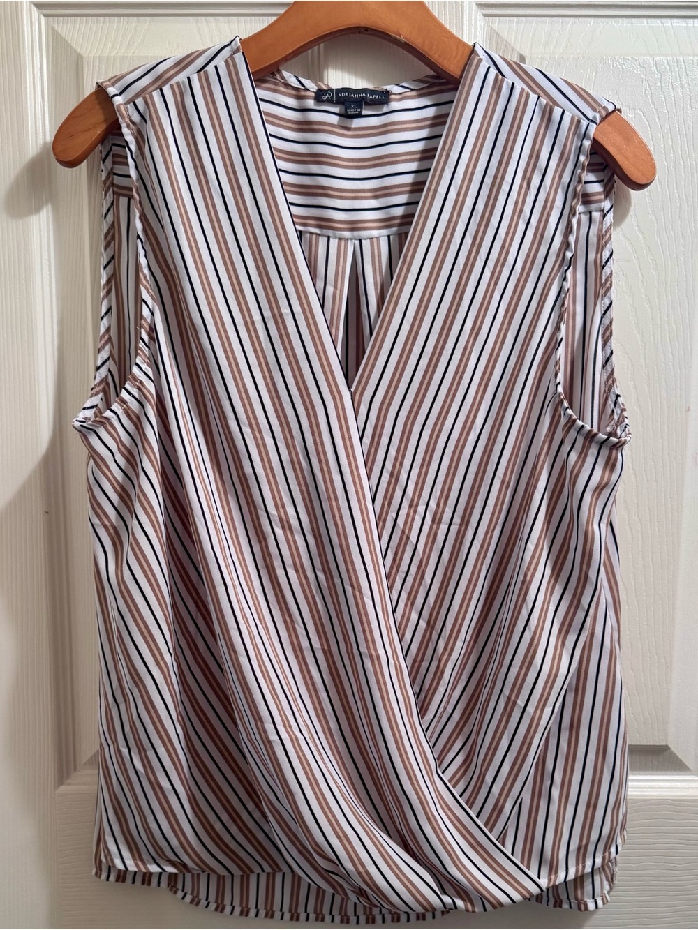 Adrianna Papell Striped Sleeveless Surplice Top - Cream, Brown & Black